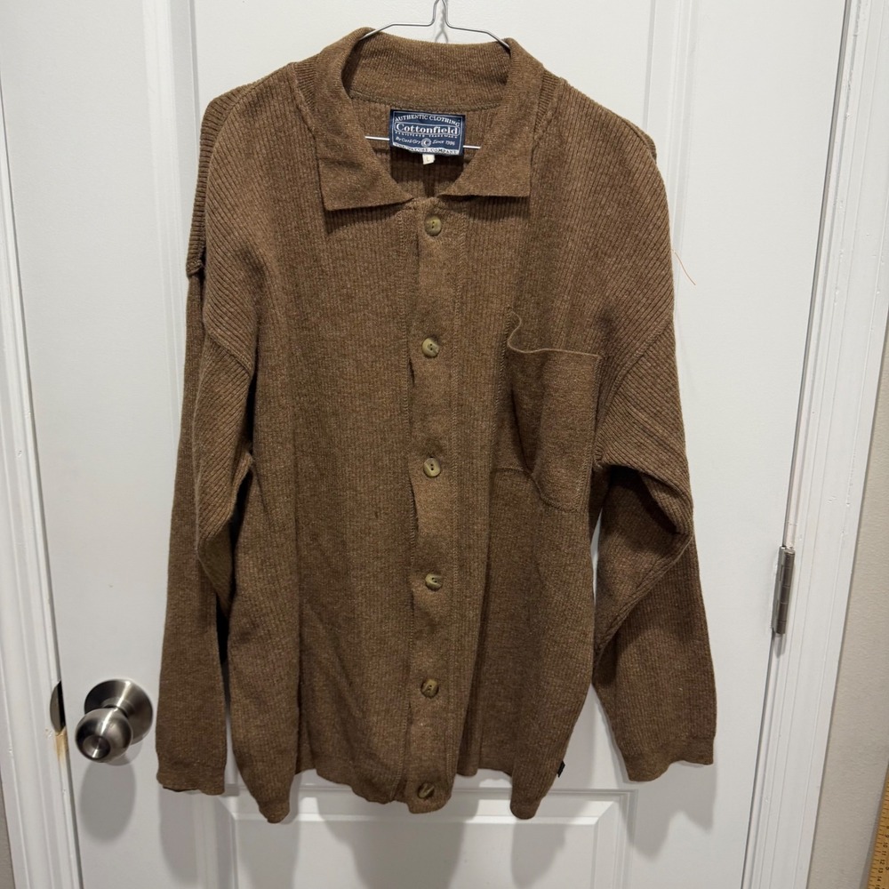 Cottonfield Mens Cardigan Lambswool Blend Ribbed Knit Brown Large
